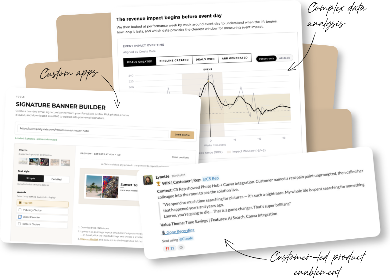 Event impact analysis, a Slack marketing request router, and a CS call builder wired to live HubSpot data
