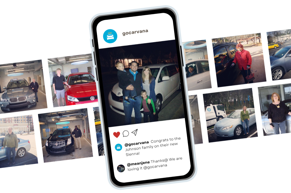A grid of Carvana customer delivery photos alongside an Instagram post congratulating a family on their new car