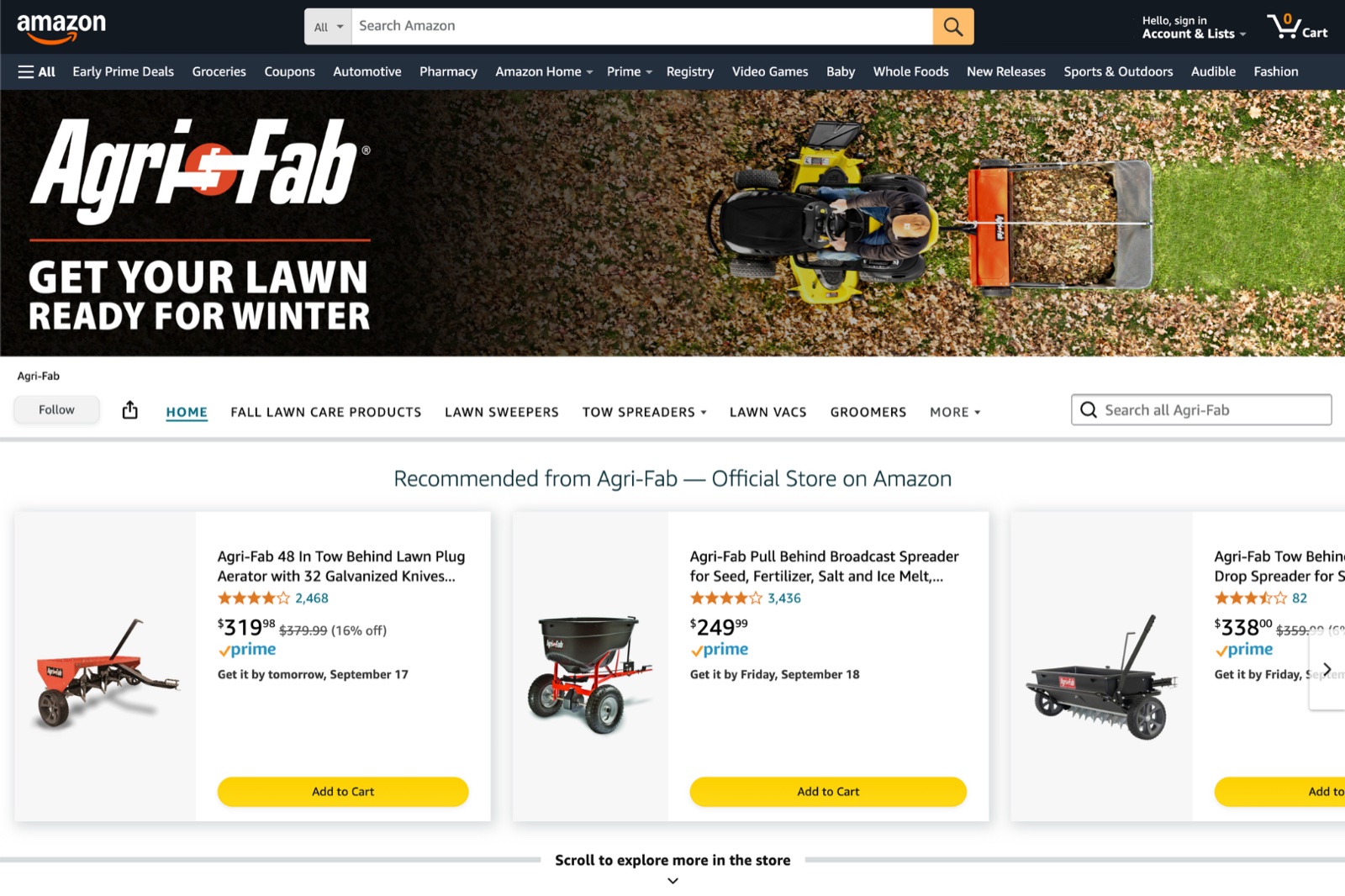 The Agri-Fab official store on Amazon, showing the brand banner and tow-behind lawn equipment listings